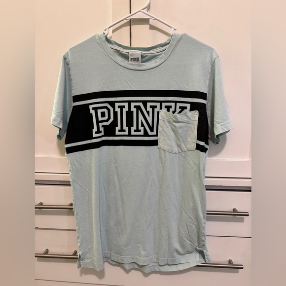 PINK Victoria's Secret Light Blue Tee with Black Logo - Picture 1 of 4